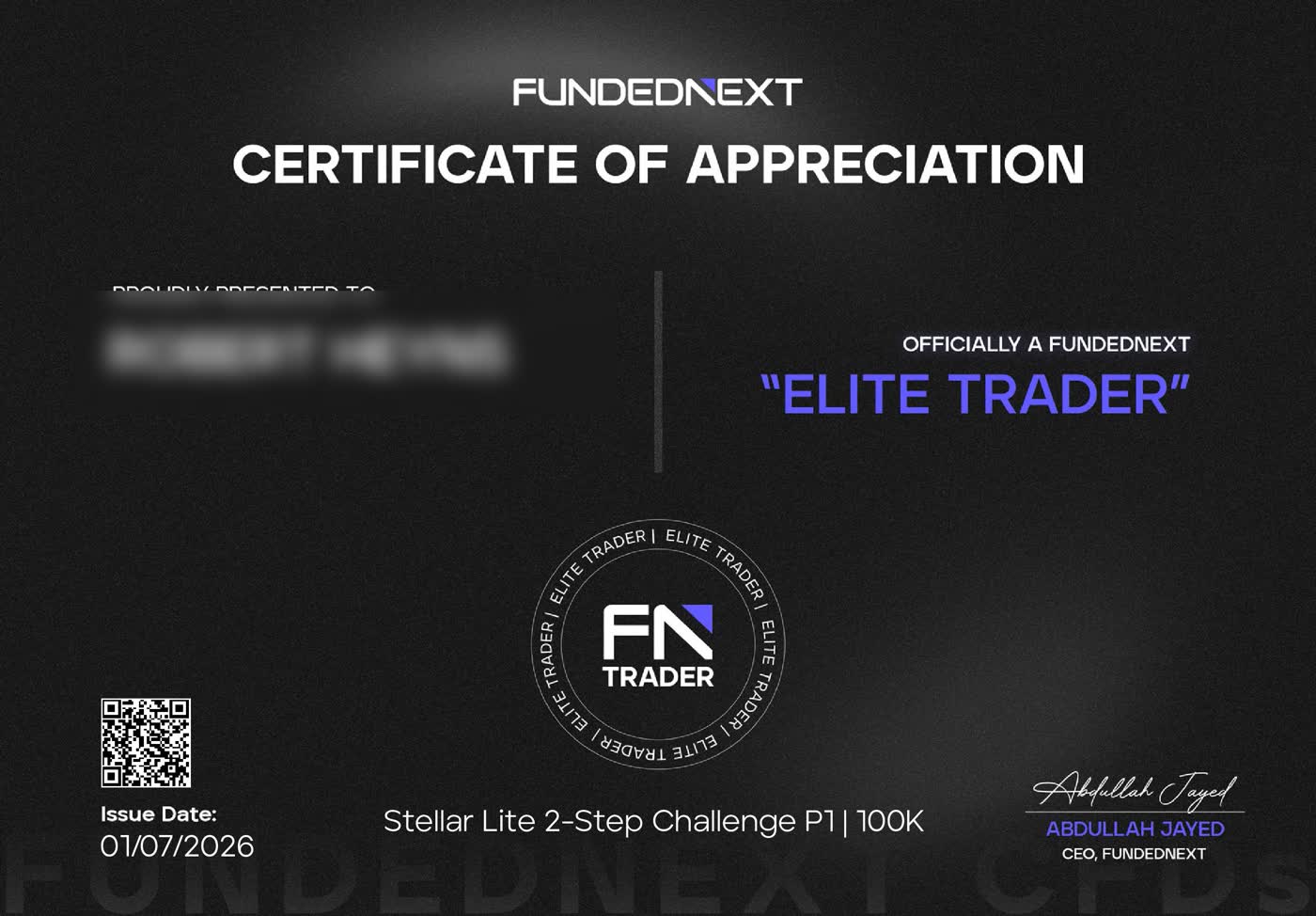Student awarded FundedNext Elite Trader certificate